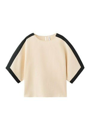 Blusa beige a maniche corte con larghe strisce nere che partono dalle spalle fino ai polsini delle maniche, scollo rotondo e chiusura con bottoni sul retro.