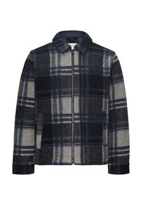 Karierte Jacke in Marineblau, Grau und Schwarz. Verfügt über einen Reißverschluss vorne, einen Kragen, zwei Fronttaschen und einen weichen, leicht strukturierten Stoff.