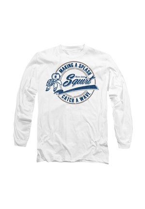 White long-sleeve t-shirt featuring a circular graphic with blue text and images of a turtle and waves, stating "Making a Splash Squirt."