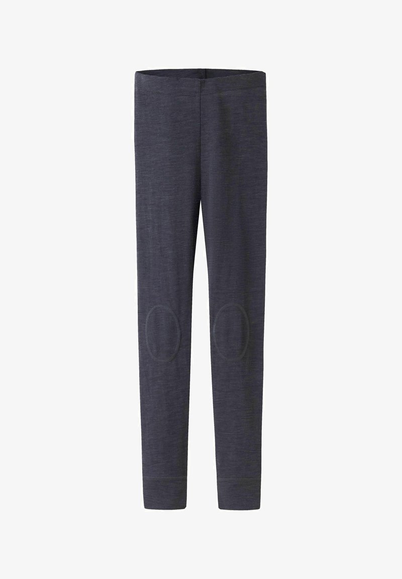 Leggings gris avec un design ajusté, comprenant des renforts aux genoux, une taille élastique et une texture lisse. Conviennent pour une tenue décontractée ou active.
