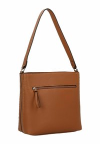 Sac à bandoulière en cuir marron avec une seule sangle, forme rectangulaire, poche avant zippée, surface texturée et détail de couture contrastant.