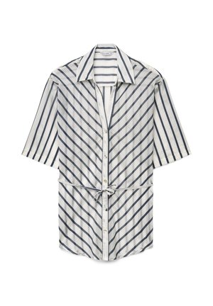 Vestito camicia bianco con righe nere diagonali, maniche corte, colletto e fiocco frontale in vita.