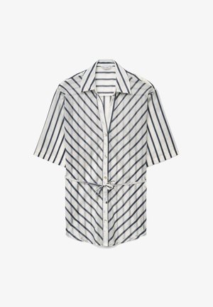 Vestito camicia bianco con righe nere diagonali, maniche corte, colletto e fiocco frontale in vita.