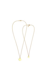 Goldene Halsketten mit glatten, runden Anhängern. Eine Halskette ist länger als die andere, beide haben eine zarte Kette und einen Verschluss.