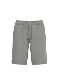 Light grey shorts made of cotton with an elastic waistband, adjustable drawstring, and a relaxed fit. Flat seams and no pockets visible.