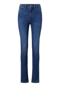 Jeans in denim blu scuro con una vestibilità slim, vita a media altezza, design classico a cinque tasche e cuciture a contrasto sottili. Presentano una chiusura con bottone.