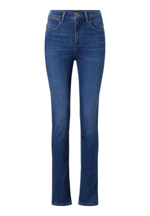 Donkerblauwe spijkerbroek met een slim fit, mid-rise taille, klassiek vijf-pocket ontwerp en subtiele contrasterende stiksels. Voorzien van een knoopsluiting.
