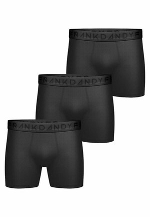 Schwarze Boxershorts mit einem breiten elastischen Bund, der den Text "FRANK DANDY" trägt. Weicher, dehnbarer Stoff mit glatter Oberfläche. Im Dreierpack.