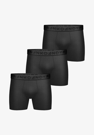Schwarze Boxershorts mit einem breiten elastischen Bund, der den Text "FRANK DANDY" trägt. Weicher, dehnbarer Stoff mit glatter Oberfläche. Im Dreierpack.