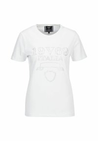 Witte katoenen t-shirt met korte mouwen en een ronde halslijn. Voorzien van strassteentjes met "19V69 ITALIA" en een schildontwerp op de voorkant.