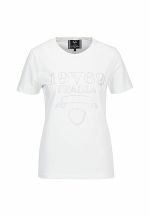 Weißes Baumwoll-T-Shirt mit kurzen Ärmeln und rundem Ausschnitt. Verziert mit Strassdetails mit "19V69 ITALIA" und einem Wappen-Design auf der Vorderseite.