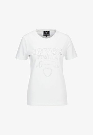Witte katoenen t-shirt met korte mouwen en een ronde halslijn. Voorzien van strassteentjes met "19V69 ITALIA" en een schildontwerp op de voorkant.