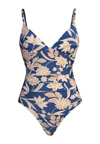 Eén-piece badpak in marineblauw met gouden bloemenpatroon, met dunne verstelbare bandjes en een kruisvormig ontwerp aan de voorkant. Gladde textuur van de stof.