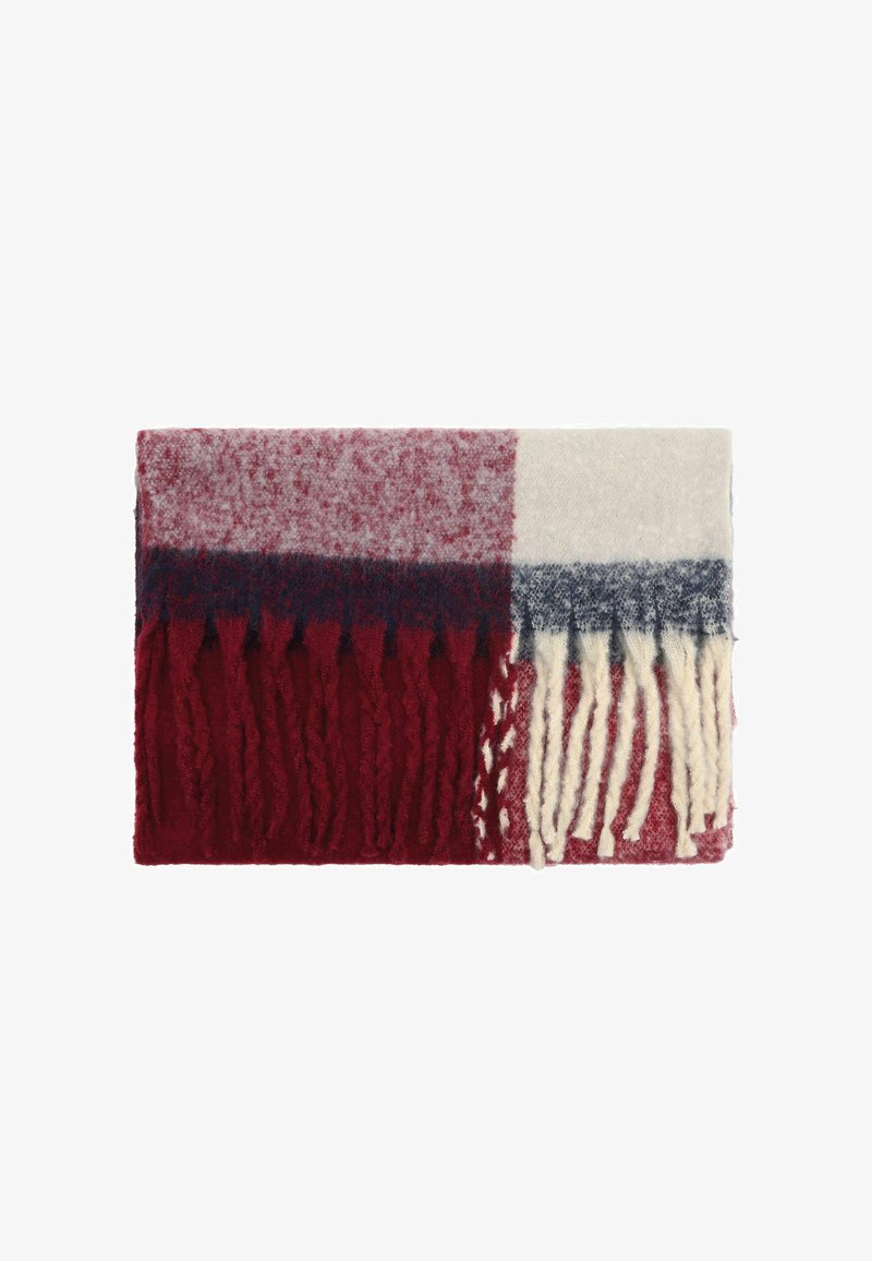 Sciarpa di lana con blocchi di colore rosso, bianco e blu navy, bordi frangiati, superficie texturizzata e una miscela di fibre morbide.