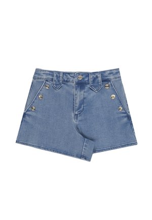 Pantaloncini in denim blu con dettagli di bottoni argentati sulle tasche anteriori e in vita, con una finitura leggermente slavata.