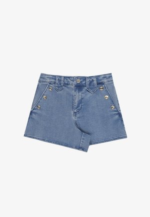 Pantaloncini in denim blu con dettagli di bottoni argentati sulle tasche anteriori e in vita, con una finitura leggermente slavata.