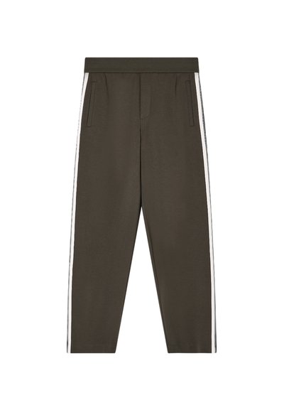 Pantaloni da jogging verde oliva con strisce bianche ai lati, vita elastica e due tasche laterali. Tessuto morbido; design a vestibilità rilassata.