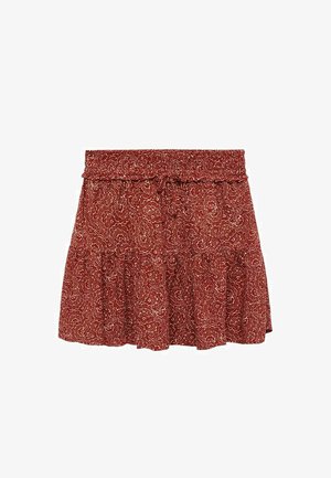 Gonna rossa a motivo con elastico in vita e cordoncino. Presenta un design svasato con due strati e un motivo floreale su tutto.