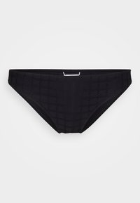 Black bikini bottom in textured fabric with a subtle pattern. Features a low-rise design and a thin, white accent at the waistband.