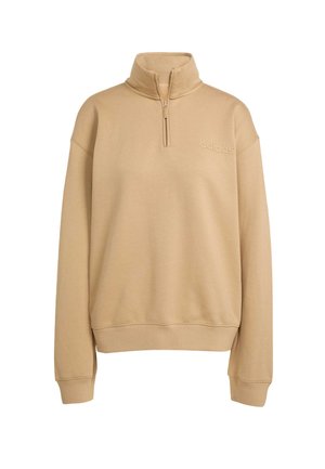 Beige mikina na zip s vysokým límcem, volným střihem a žebrovanými manžetami. Obsahuje embosované logo na hrudi jako detail. Vyrobena z měkké látky.