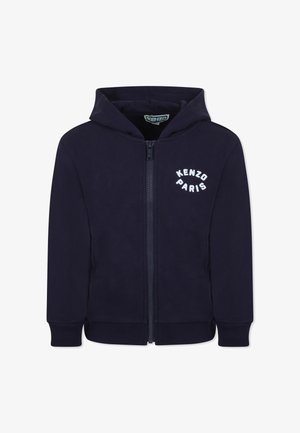 Felpa con zip color blu navy realizzata in tessuto morbido, con tasca frontale e il logo bianco "KENZO PARIS" sul lato sinistro del petto.