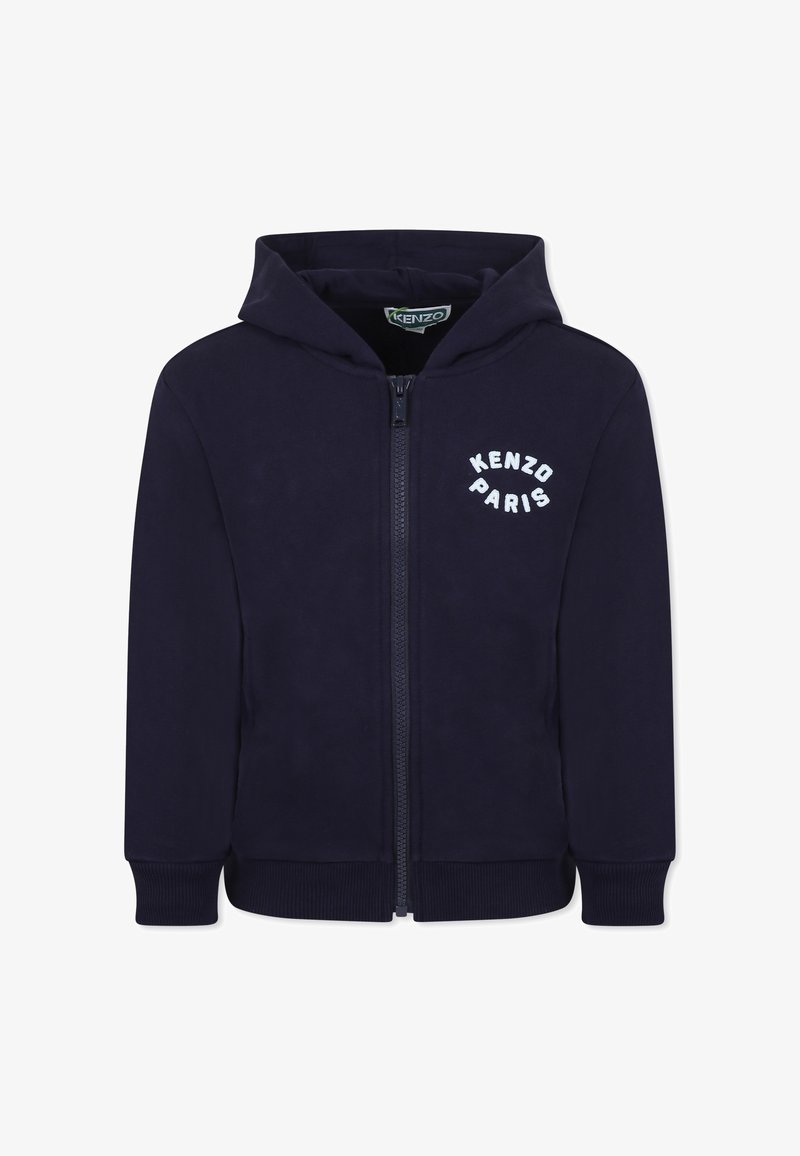 Felpa con zip color blu navy realizzata in tessuto morbido, con tasca frontale e il logo bianco "KENZO PARIS" sul lato sinistro del petto.