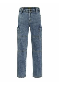 Pantaloni cargo in denim di colore azzurro chiaro. Presentano due tasche laterali, un taglio dritto e motivi di cucitura a contrasto. Stile classico a cinque tasche con chiusura a bottone.