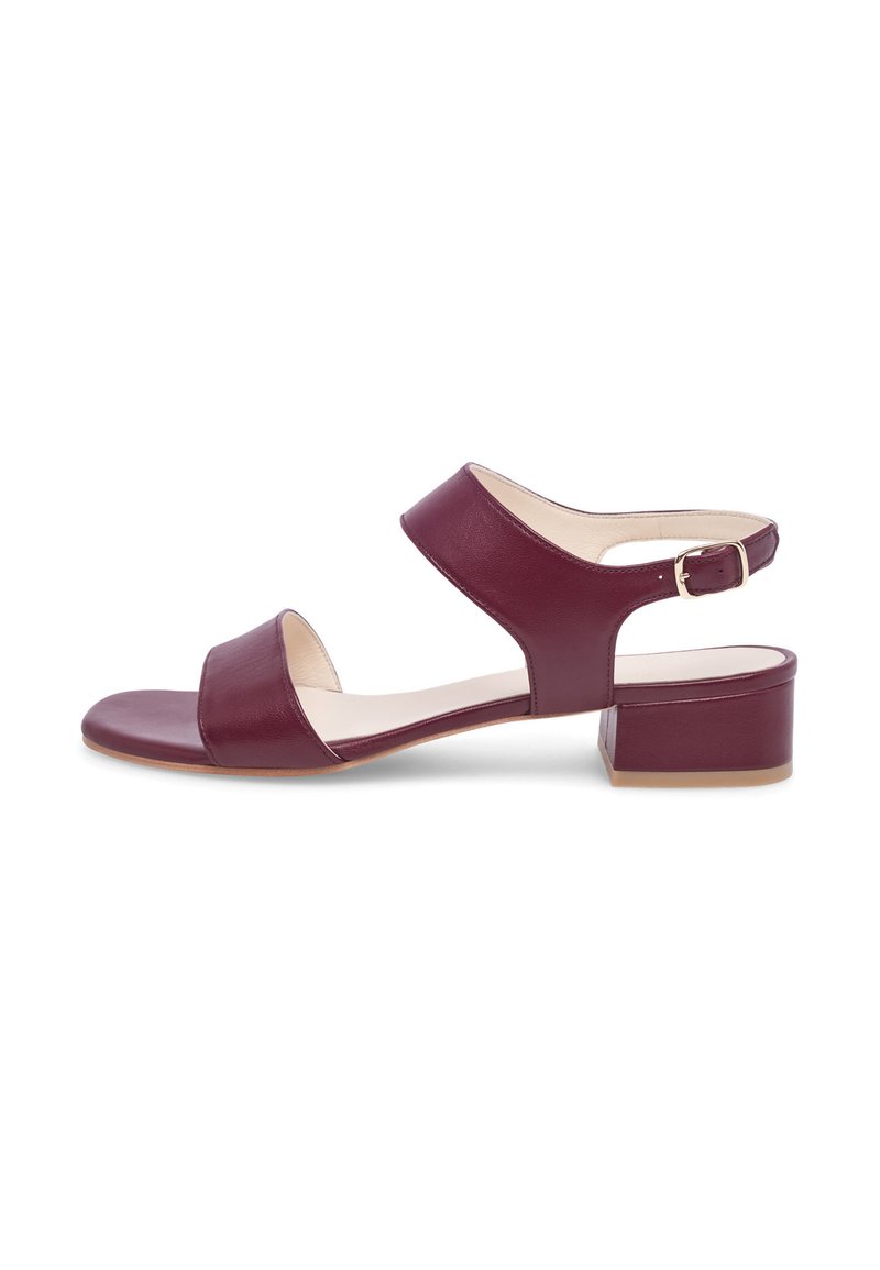 Sandal in pelle bordeaux con due ampi cinturini e chiusura con fibbia, dotato di tacco basso a blocco e design aperto sulla punta. Texture liscia.