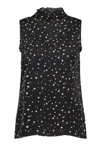 Haut noir sans manches avec un col montant, orné d'un motif d'étoiles dispersées couleur crème clair. Tissu lisse et brillant avec une coupe décontractée.