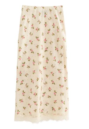 Jupe midi de couleur crème avec motif floral de roses roses et bordure en dentelle le long de l'ourlet, coupe droite et texture lisse.