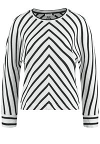 Witte lange mouwen trui van een textuurstof met gedurfde zwarte chevron strepen en gestreepte boorden bij de zoom en mouwen.