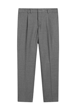 Grijze op maat gemaakte broek met een gestructureerde stof, voorzien van een platte voorkant, geplooide benen, riemlussen en een standaard tailleband.