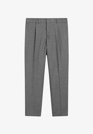 Gray tailored trousers with a textured weave, featuring a flat front, creased legs, belt loops, and a standard waistband.