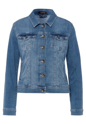 Blå denimjakke med lange ærmer, knaplukning foran, knappede brystlommer og sidelommer med slidser, størrelse 36 mærke indeni kraven.