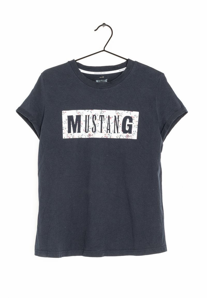 Navy blue cotton t-shirt with short sleeves and a crew neck, featuring a 'MUSTANG' graphic inside a floral-patterned rectangle on the front.