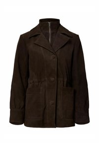 Tumepruun sametjakk nööpidega esil, kahe suure esitaskuga, pikkade varrukatega ja kõrge kraega, mille all on tõmblukk.