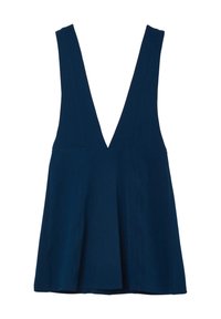 Haut sans manches bleu marine avec un décolleté en V profond, un ourlet évasé et des détails de couture verticaux sur les côtés. Texture de tissu lisse.