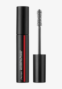 Tube de mascara noir avec une bande rouge, doté d'un applicateur à poils texturés. Design cylindrique élégant, sans embellissements supplémentaires.