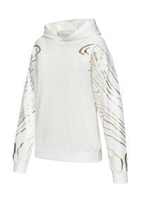 Weißer Kapuzenpullover mit langen Ärmeln und einer Kängurutasche. Verfügt über unregelmäßige goldene Linien, die auf den Ärmeln gedruckt sind, und hat eine Kapuze mit Kordelzug.
