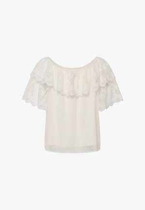 Valge õlgadest avatud pluus läbipaistva kangaga, millel on kihilised pitsvolangid ja lühikesed, laiad pitsvarrukad.