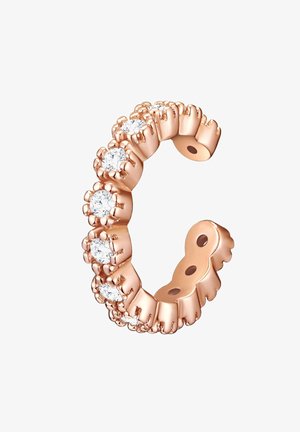 Rózsaarany fülbevaló, váltakozó kerek, átlátszó drágakövekkel és hullámos szélű dizájnnal, két kis nyílással a rögzítéshez.