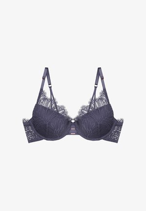 Lila Spitze-BH mit Blumenmustern, verstellbaren Trägern und subtilen Metallbeschlägen; verfügt über einen dreifachen Hakenverschluss auf der Rückseite.