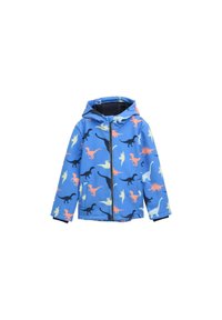 Blaue wasserdichte Jacke mit einem Dinosauriermuster in Schwarz, Orange, Pink und Grün. Verfügt über eine Kapuze, einen Reißverschluss und zwei Seitentaschen.