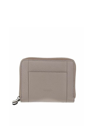 Portefeuille compact en cuir taupe avec fermeture éclair, surface texturée et nom de marque embossé "PICARD" sur le panneau avant.