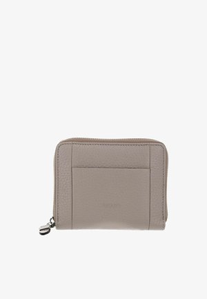 Portefeuille compact en cuir taupe avec fermeture éclair, surface texturée et nom de marque embossé "PICARD" sur le panneau avant.