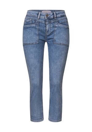 Ljusblå denimjeans med slim fit, medelhög midja, fyra fickor och kontrasterande sömmar. Har en dragkedja och en liten metallknapp.