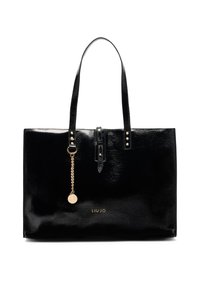 Borsa tote in pelle sintetica nera con due manici, dettagli in acciaio dorato, una catena decorativa e logo sul davanti. Texture liscia.