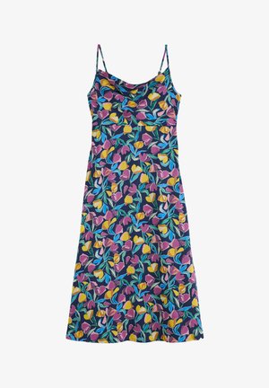 Kukallinen mekko tummansinisellä taustalla. Sisältää ohuetolkaimet, tilkkukaula-aukon ja kirkkaan vaaleanpunaisia, keltasia ja sinisiä kukkia. Pehmeä kangas.