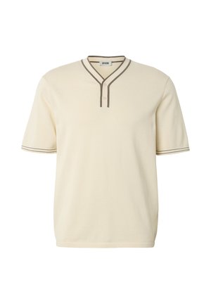 Cream short-sleeve shirt with brown trim on V-neck collar and sleeve edges, featuring two buttons below the neckline.
