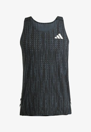 Schwarzes sportliches Tanktop mit strukturiertem Muster, ärmellosem Design und weißen Logo-Details. Leichter Stoff mit lockerer Passform.